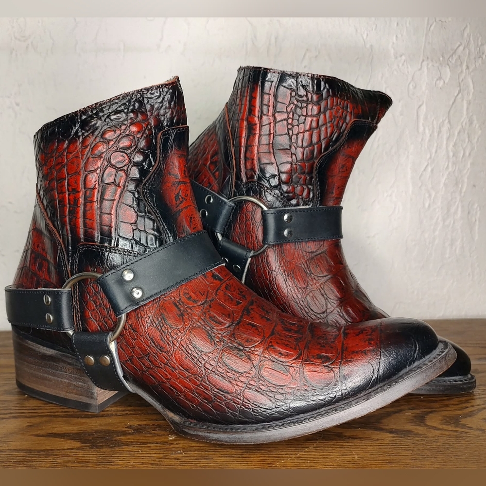 Freebird by Steven Santiago Red and Black Crocodile Motorcycle Ankle Boots